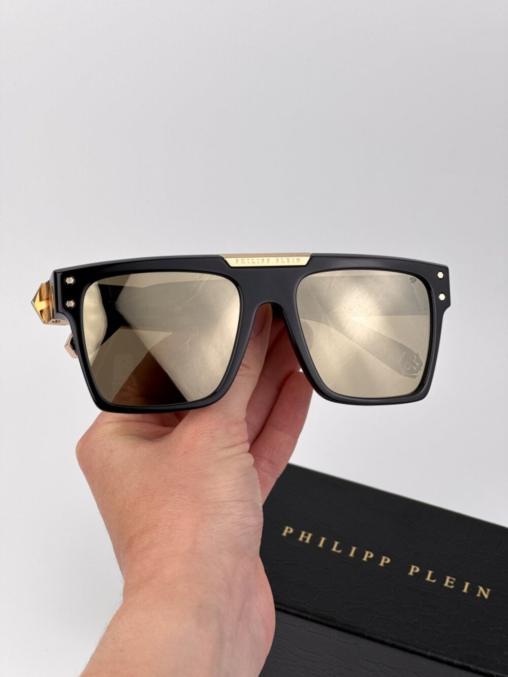 Philipp Plein Unisex Sunglasses Black Gold Mirror Square Frames SPP080 700G NEW
